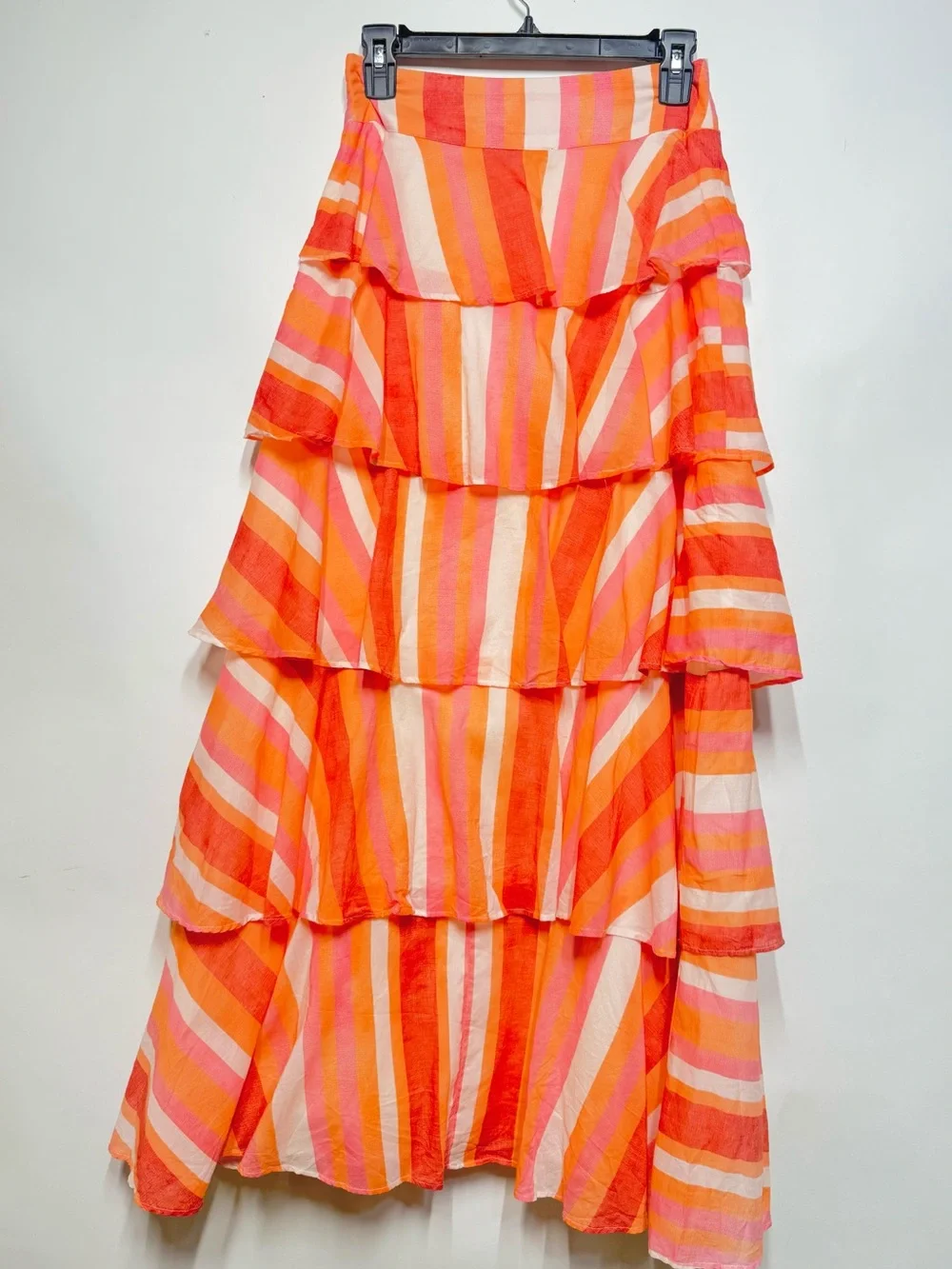 Shore Striped Tiered Maxi Skirt Coral Pink Orange Ruffle S NWOT
